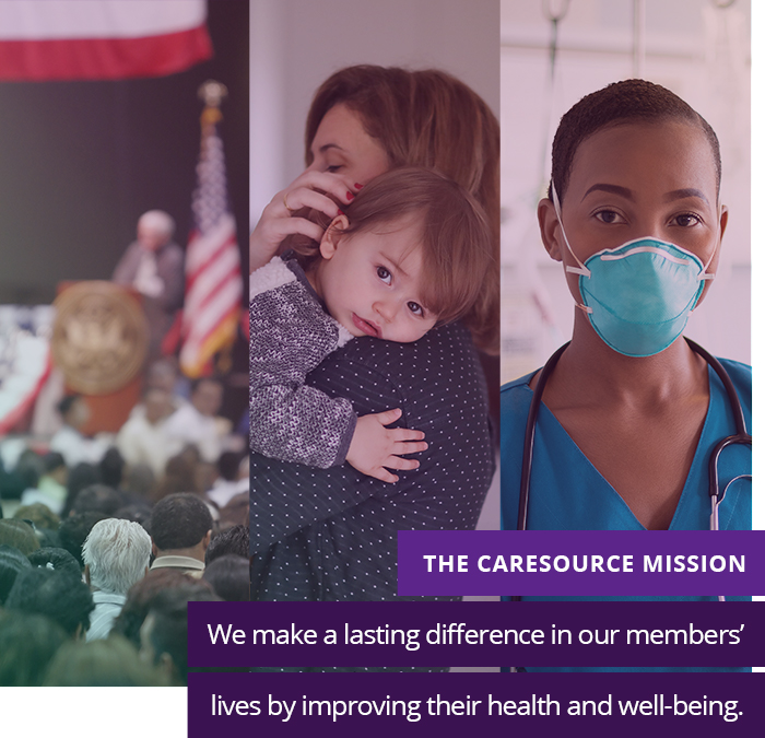 Montage of images of government event, woman with child and healthcare worker with mask